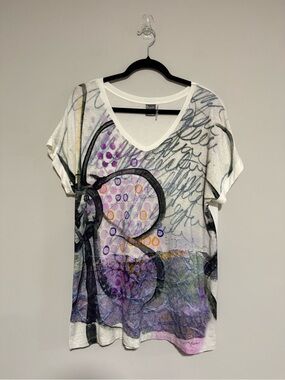Simply Art by Dolcezza Abstract Print V-Neck Short Sleeve Tunic Top Size XL